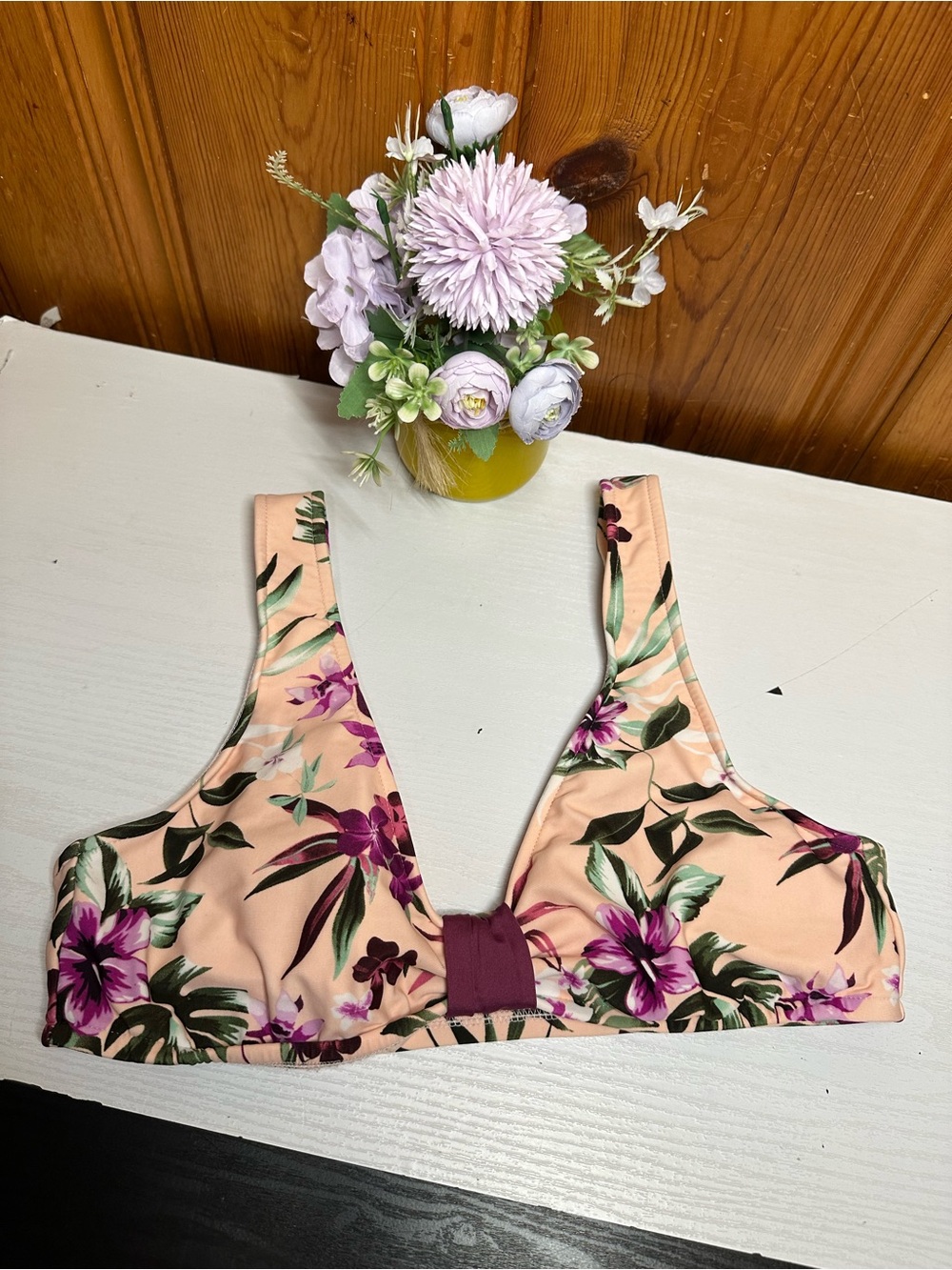 Mossimo Supply Co. Peach Floral Bikini Top with Purple Accents